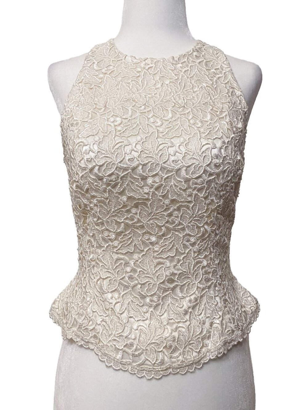 CARMEN MARC VALVO Vintage Beaded Lace Peplum Top Ivory Halter Bodice Corset 2